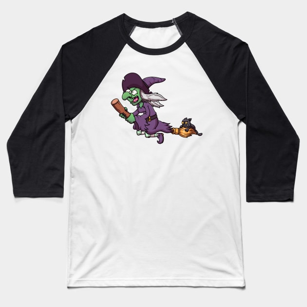 Cartoon Witch On Broom With Black Cat Baseball T-Shirt by TheMaskedTooner